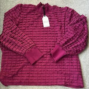 English Factory berry Textured and sequined Pullover blouse with mockneck.